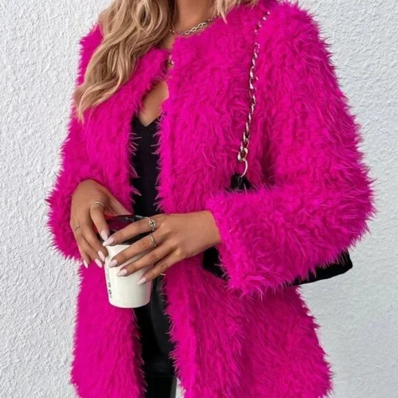 hot Pink Faux fur teddy open front coat jacket trendy contemporary barbie-core - Picture 3 of 6